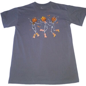 Unbranded Women's Gray Sz L Cowboy Skeleton W/ Pumpkin Head Halloween Tee
